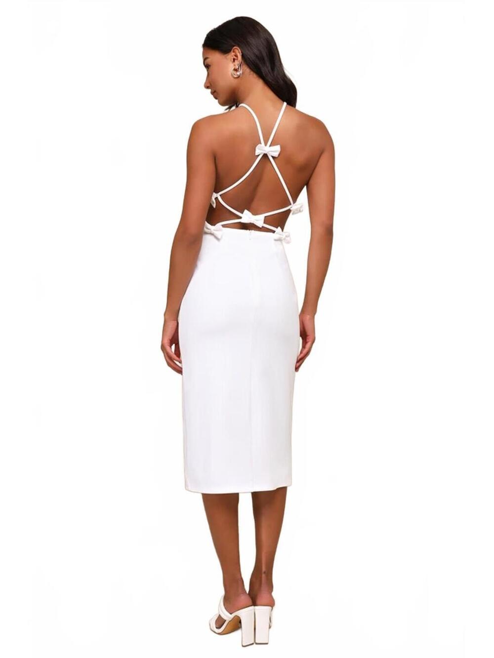 NWT Lulus Glamorous Adornment Ivory Halter Bow Midi Dress XS - Picture 2 of 8
